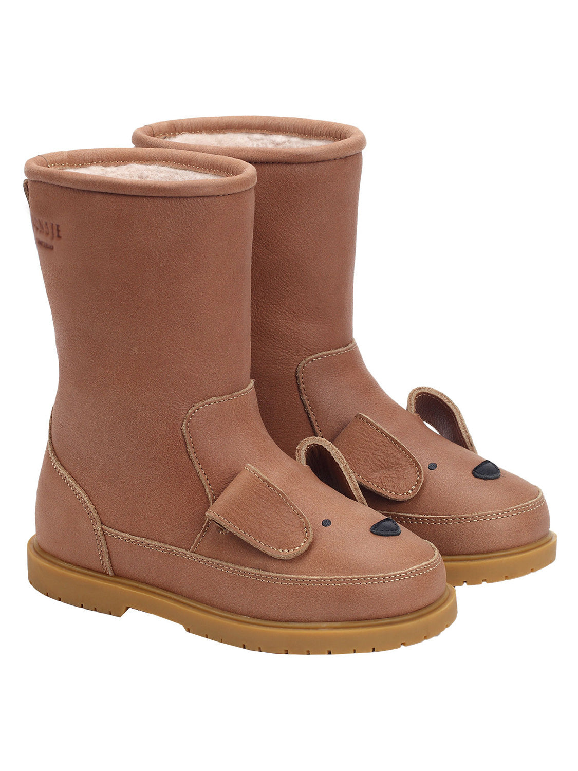Kinderstiefel WADUDU - DOG gefüttert in hazelnut: Mid-Calf-Boots mit tierischem Gesicht, flauschigem Innenfutter und Ohren-Details, ideal für verspielte, warme Winterabenteuer.