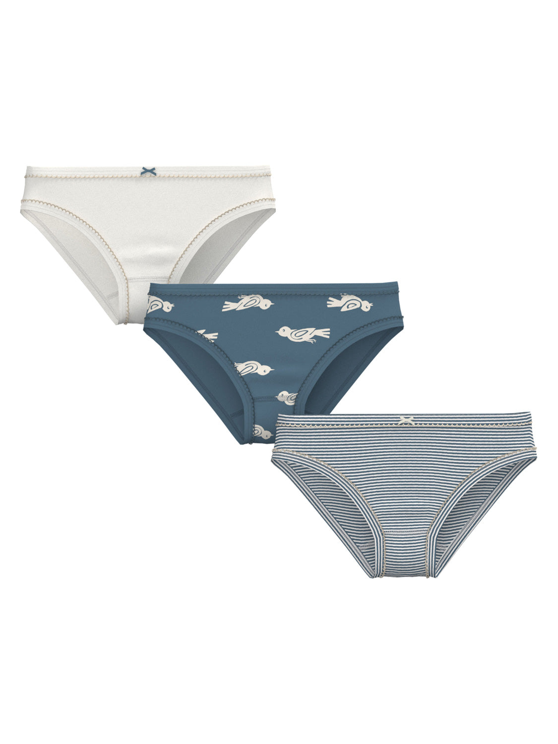 Dreier-Set Slip MOINEAU: Off-weiße mit Schleife, blau mit Vogelmotiven, navy-weiß gestreift mit Schleife. Perfekt für stilvolle Mamas und Kinder von bellybutton.