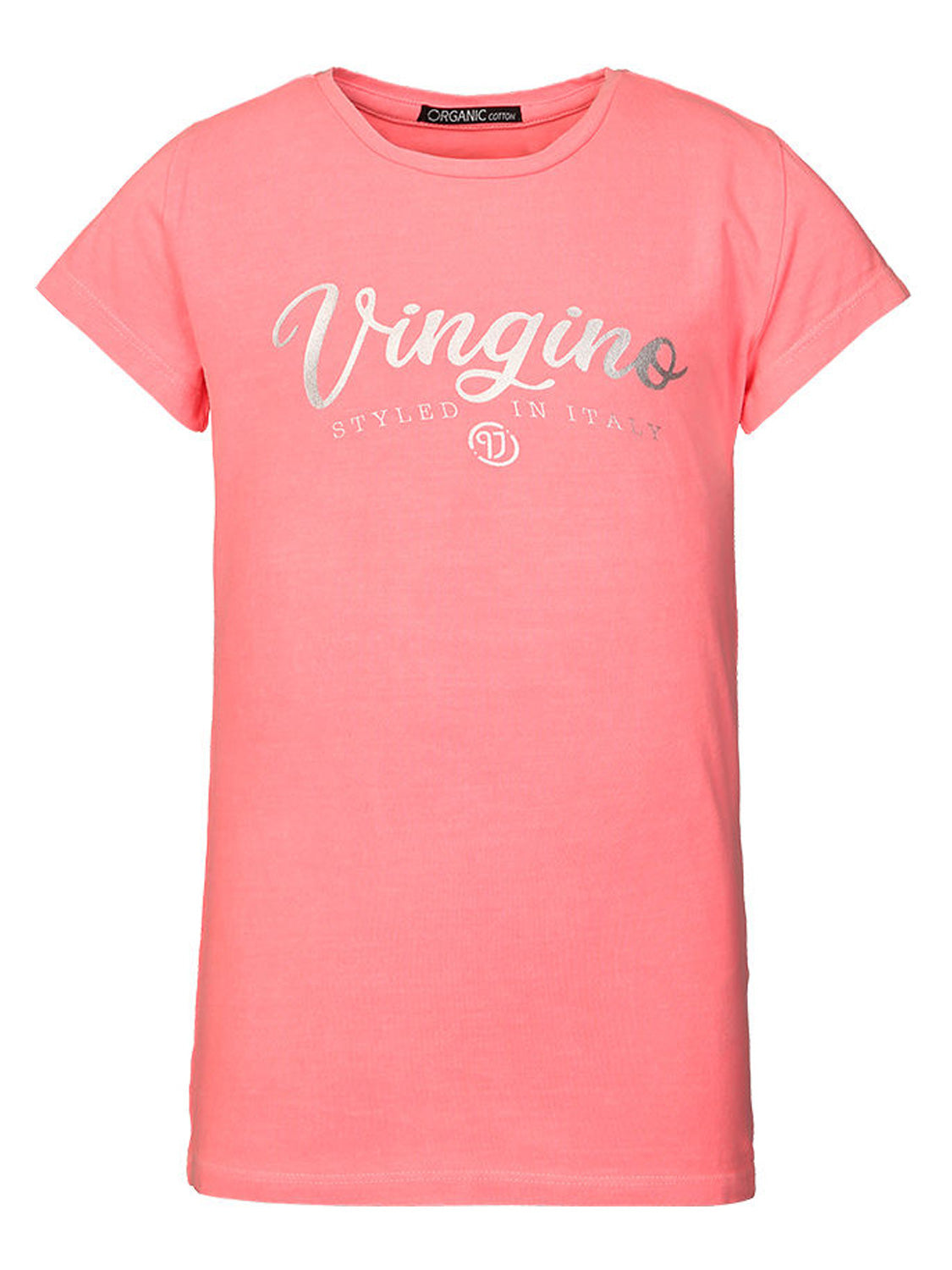 T-Shirt BASIC GIRL in neonkoralle: Kurzarm-Shirt für Mädchen mit metallischem Vingino-Logo und Styled in Italy, aus Bio-Baumwolle, ideal für modische Kindermode von bellybutton.