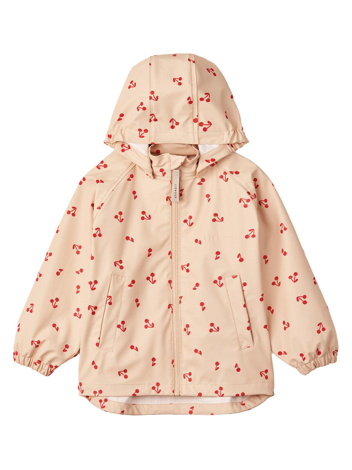 Regenjacke MOBY CHERRIES in apple blossom mit Kirschmotiven, Frontreißverschluss, zwei Taschen, elastischen Bündchen und Kapuze. Perfekt für stilvolle Kinder im Regen.
