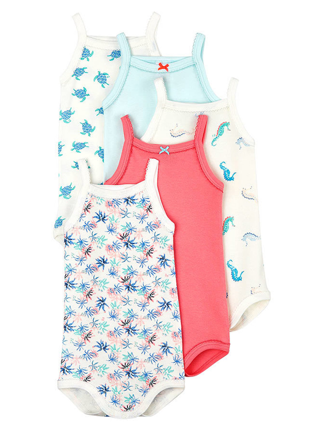 5er-Pack Träger-Body TIERWELT mit maritimen Mustern: Korallenrosa, Aqua, Schildkröten, Seepferdchen und Sternen. Ideal für bequemen Windelwechsel.