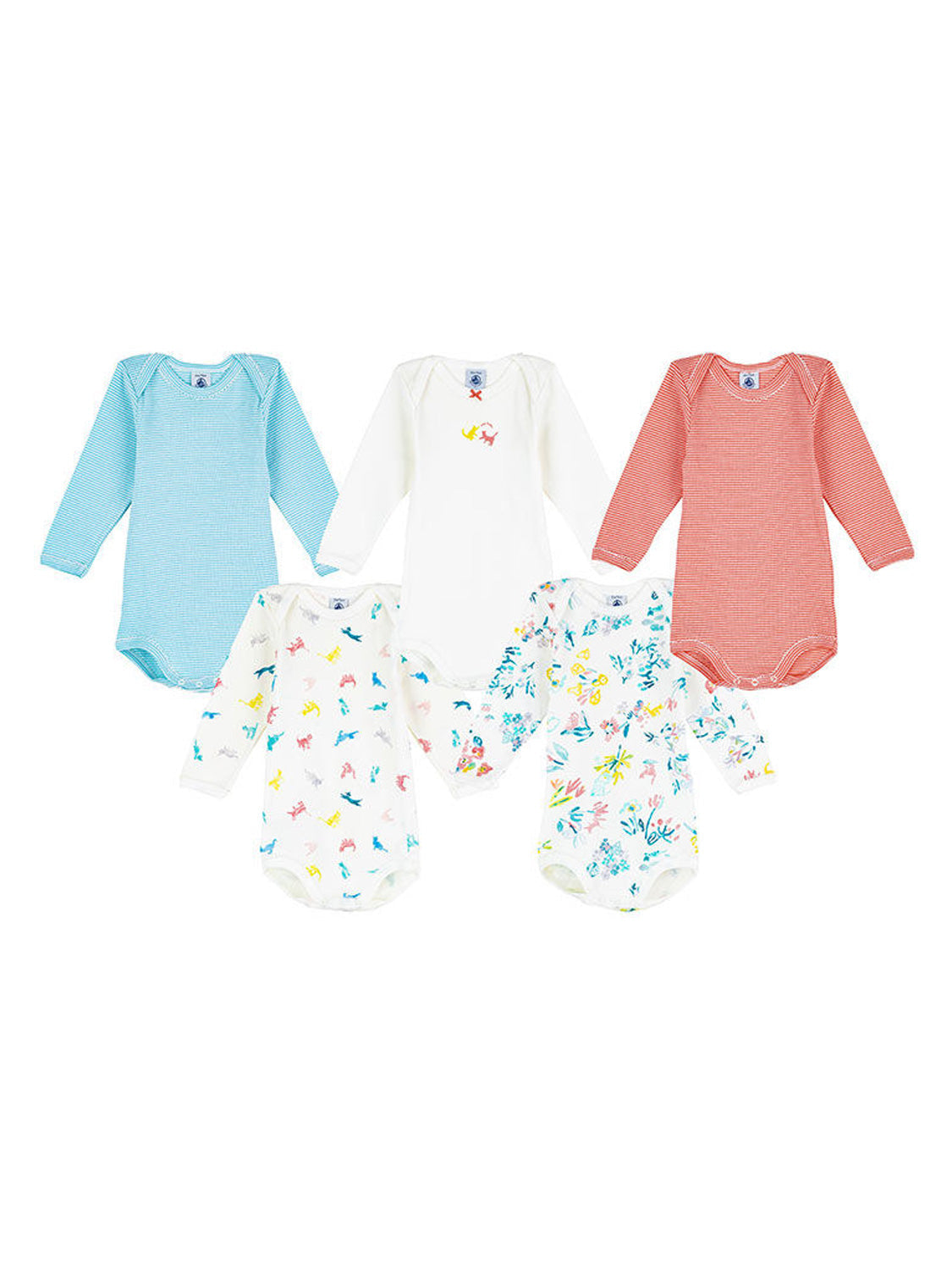 Sechs Langarm-Bodysuits für Babys, darunter das Langarm-Body FLORAL 5er Pack in bunt bunt, mit verschiedenen Mustern und Motiven, ideal für stilvolle Babymode.