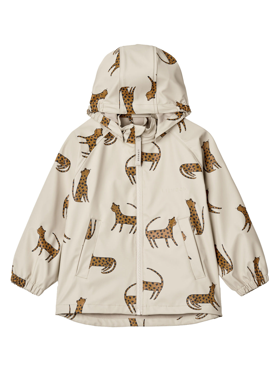 Kinderregenjacke Regenjacke MOBY LEOPARD in sandy sandy mit Gepardenmuster, Kapuze, Frontreißverschluss und elastischen Bündchen, ideal für Regenwetter.