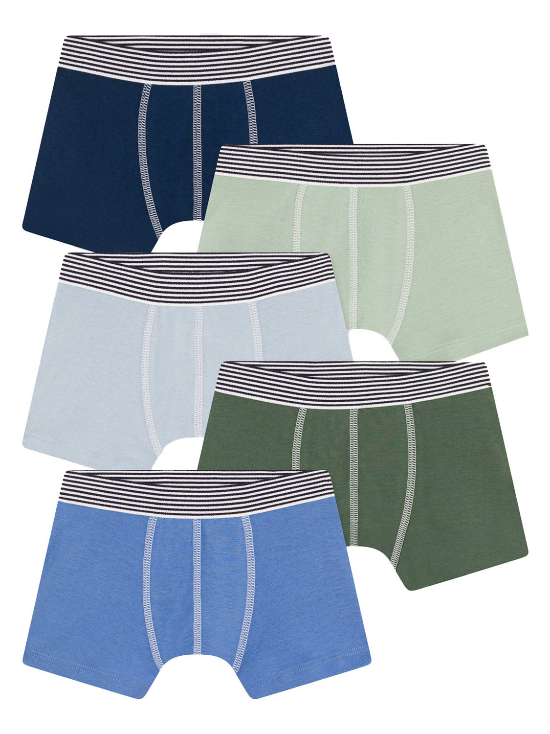 Sechs Paar Boxershorts UNI 5er Pack in bunt bunt, alle mit gestreiftem Bund, bieten Komfort und Stil für Jungen und Männer im bellybutton Online-Shop.