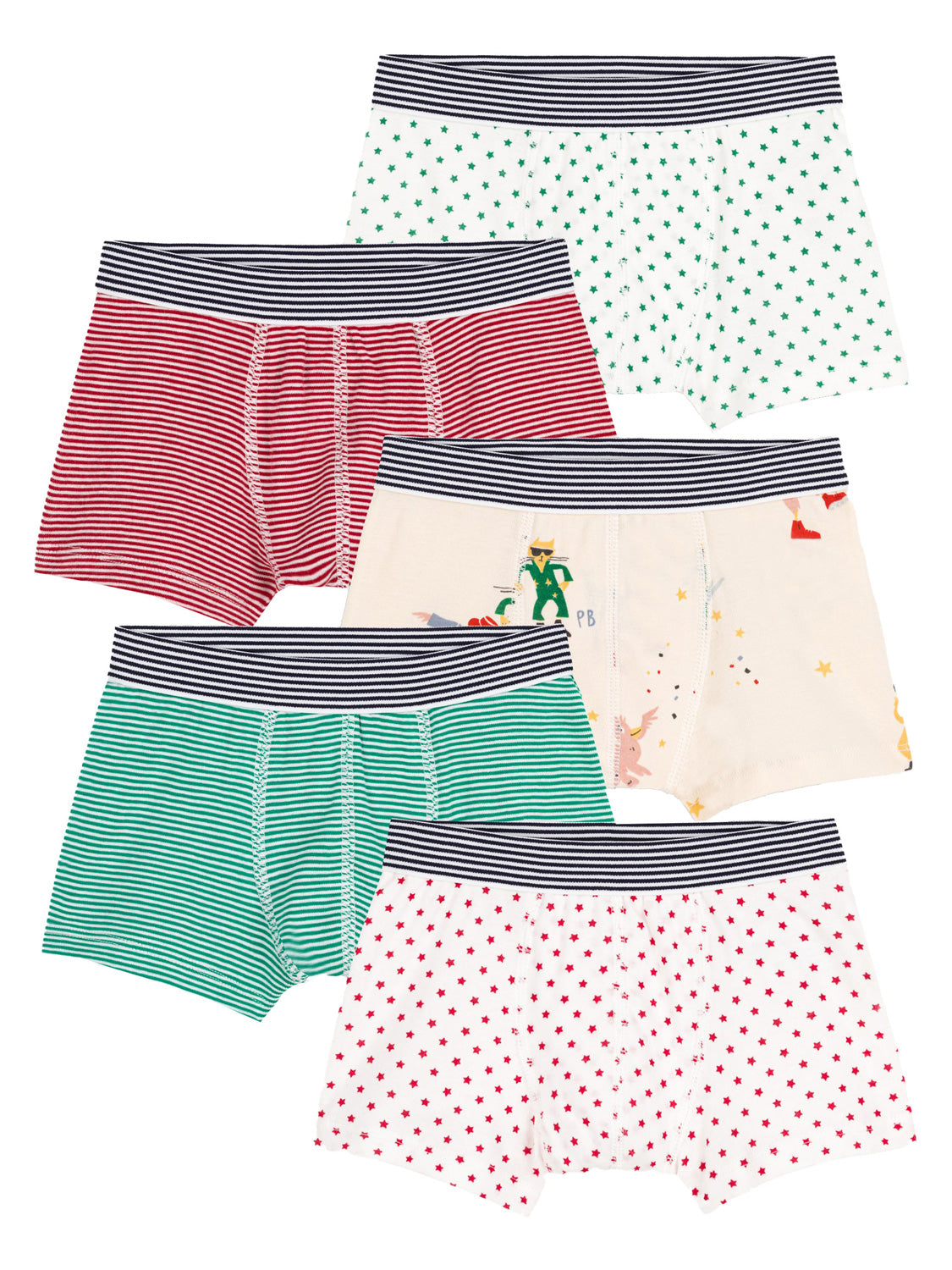 Boxershorts FUNKY 5er-Set in bunt bunt: Fünf Jungen-Boxershorts mit gestreiftem Bund, unterschiedlichen Mustern und Farben, ideal für kreative Kindermode von bellybutton.