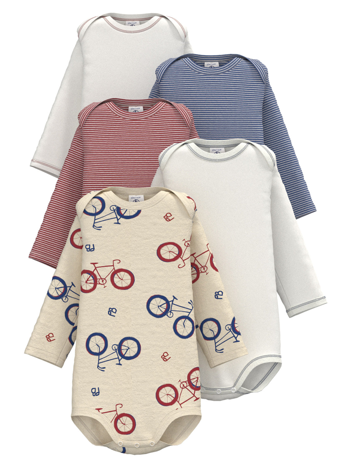 Langarmbody BICYCLETTE 5er-Set in bunt bunt zeigt fünf Babybodys, darunter Fahrradmotive, Streifenmuster und einfarbige Designs, alle mit Umschlag-Schultern und Druckknopfverschluss.