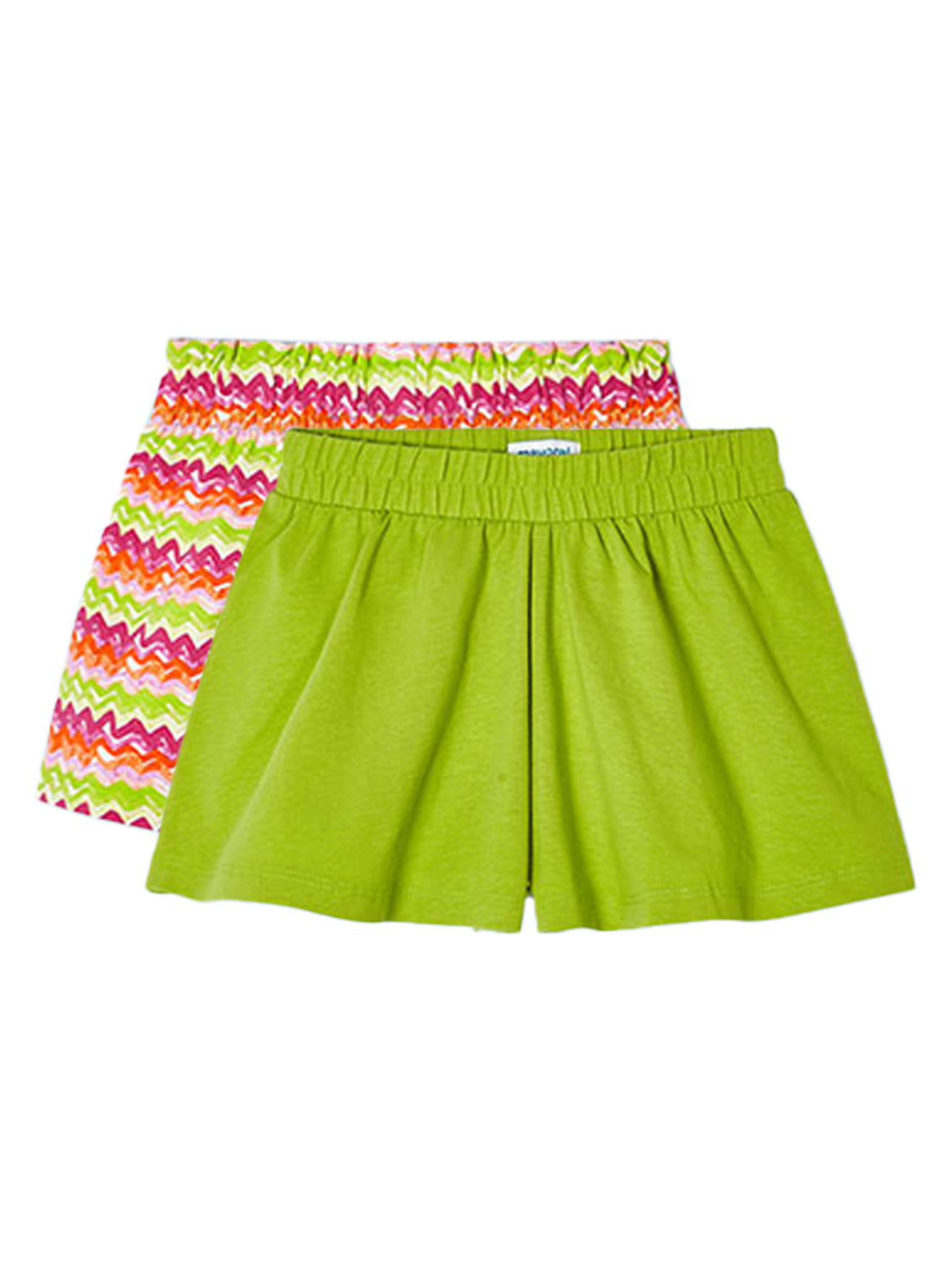 Zwei Mädchen-Skorts aus dem Shorts SUMMER 2er-Set: einfarbiges Limettengrün und bunt gemustert mit Zickzackstreifen, beide mit elastischem Bund.