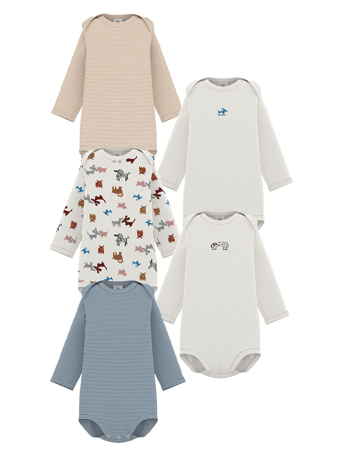Langarm-Body DOG 5er Pack in bunt bunt: Sechs langärmelige Baby-Bodysuits mit verschiedenen Mustern und Solids, inklusive Tiermotiven und praktischen Druckknöpfen, ideal für einfaches Umziehen.