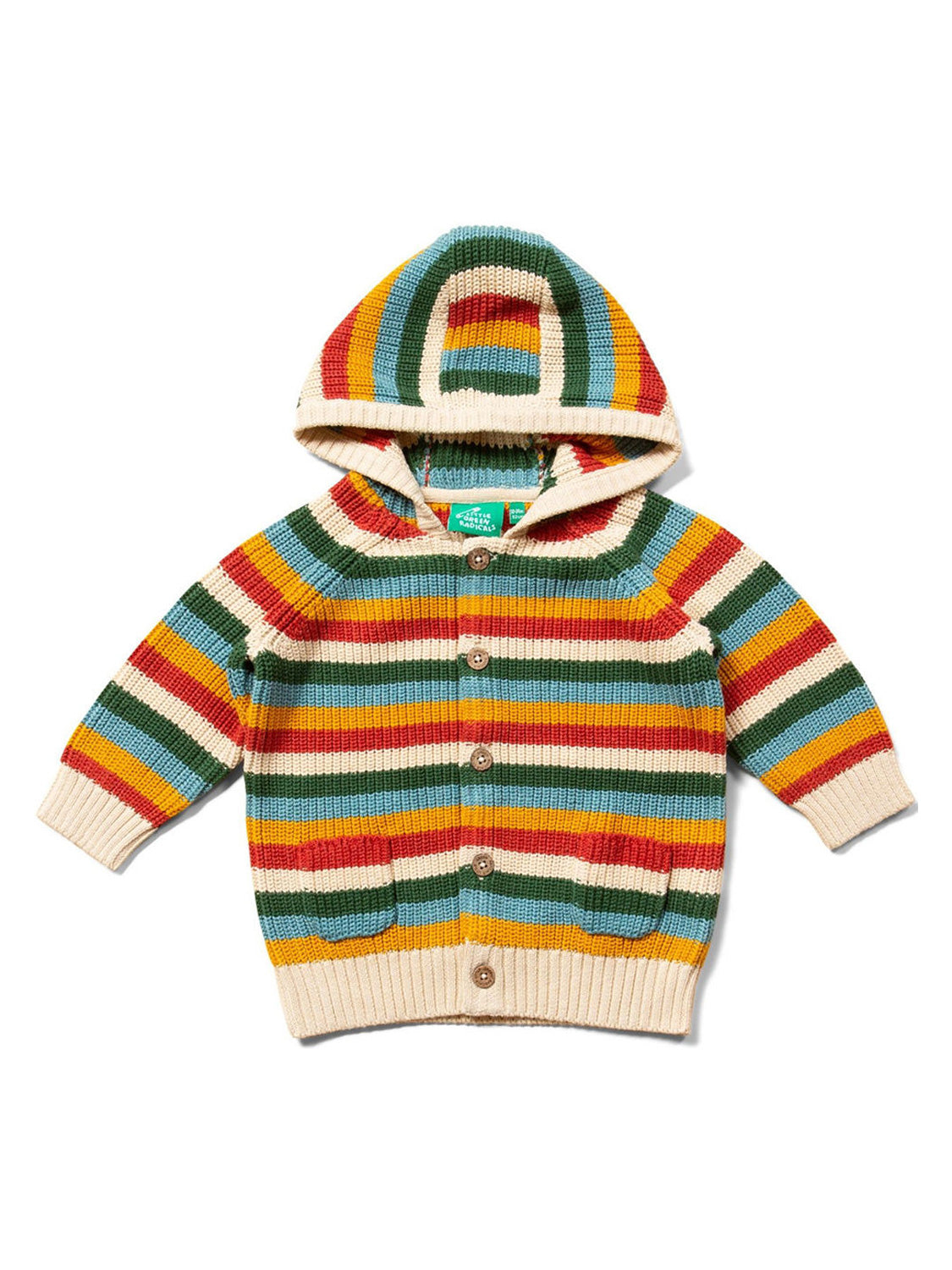 Strickjacke Mehrfarbig: Kinder Kapuzen-Cardigan mit Knopfverschluss, zwei Taschen und Rippenstrick an Kapuze und Saum. Holzoptik-Knöpfe, gestreift in mehreren Farben.