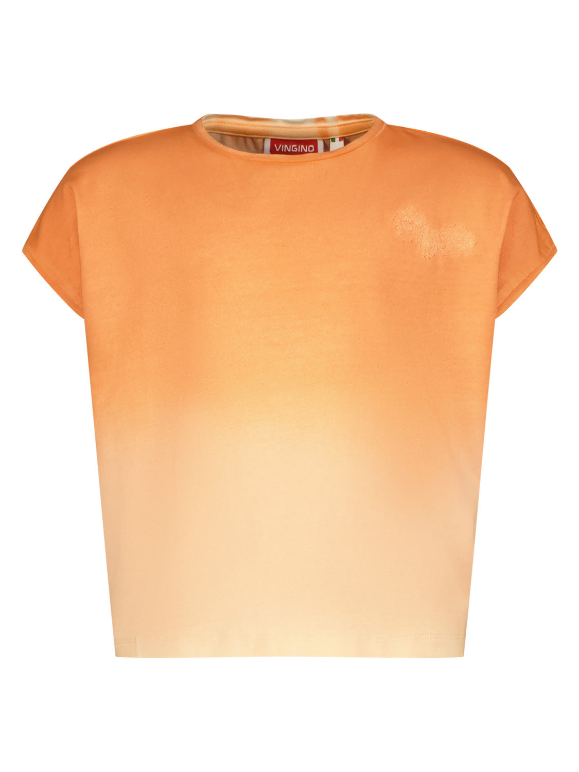 T-Shirt HAIKE in gebackenem Braun, kurzärmelig mit Rundhalsausschnitt und orange-zu-pfirsichfarbenem Ombré, boxy und leicht gekürzt, mit kleinem „Vingino“-Label am Nacken.