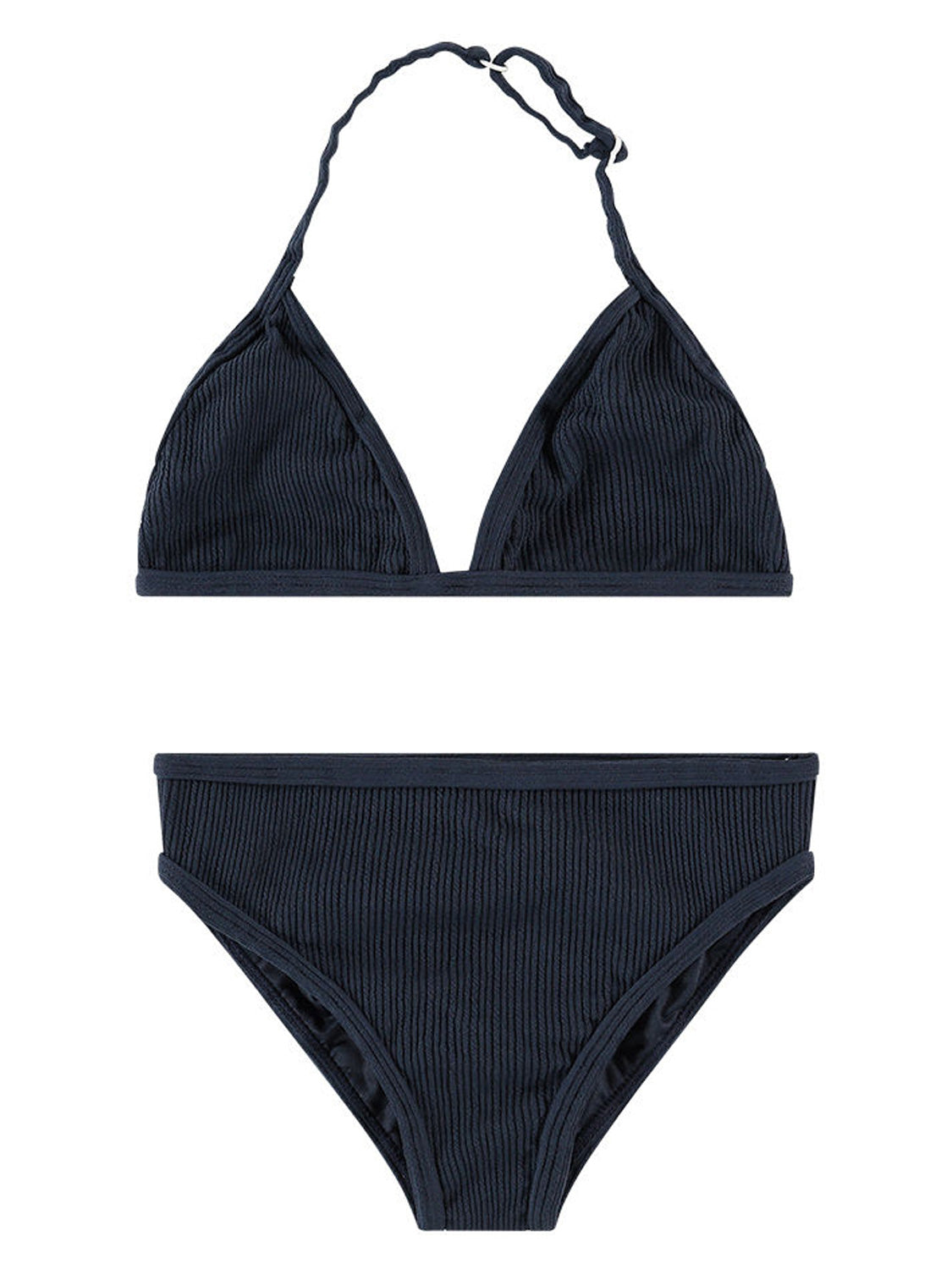 Bikini ZANISA in dunkelblau: Zweiteiliges Damen-Bikini mit gerippter Dreiecks-Haltertop und verstellbaren Trägern, kombiniert mit einer mittel-hohen gerippten Bikinihose.