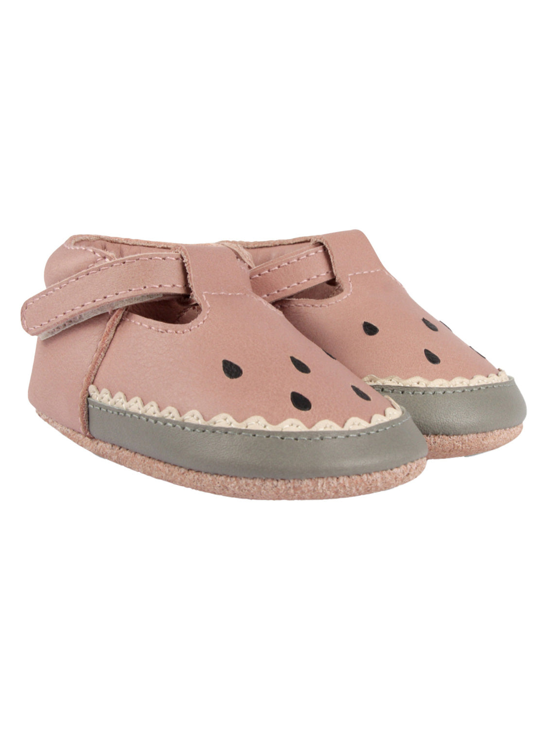 Lauflernschuhe NANOE WATERMELON in rosedawn: Weiche Baby-Mokassins aus rosa Leder mit schwarzen Tropfenmotiven, cremefarbenem Rand, grauem Lederband und Klettverschluss.