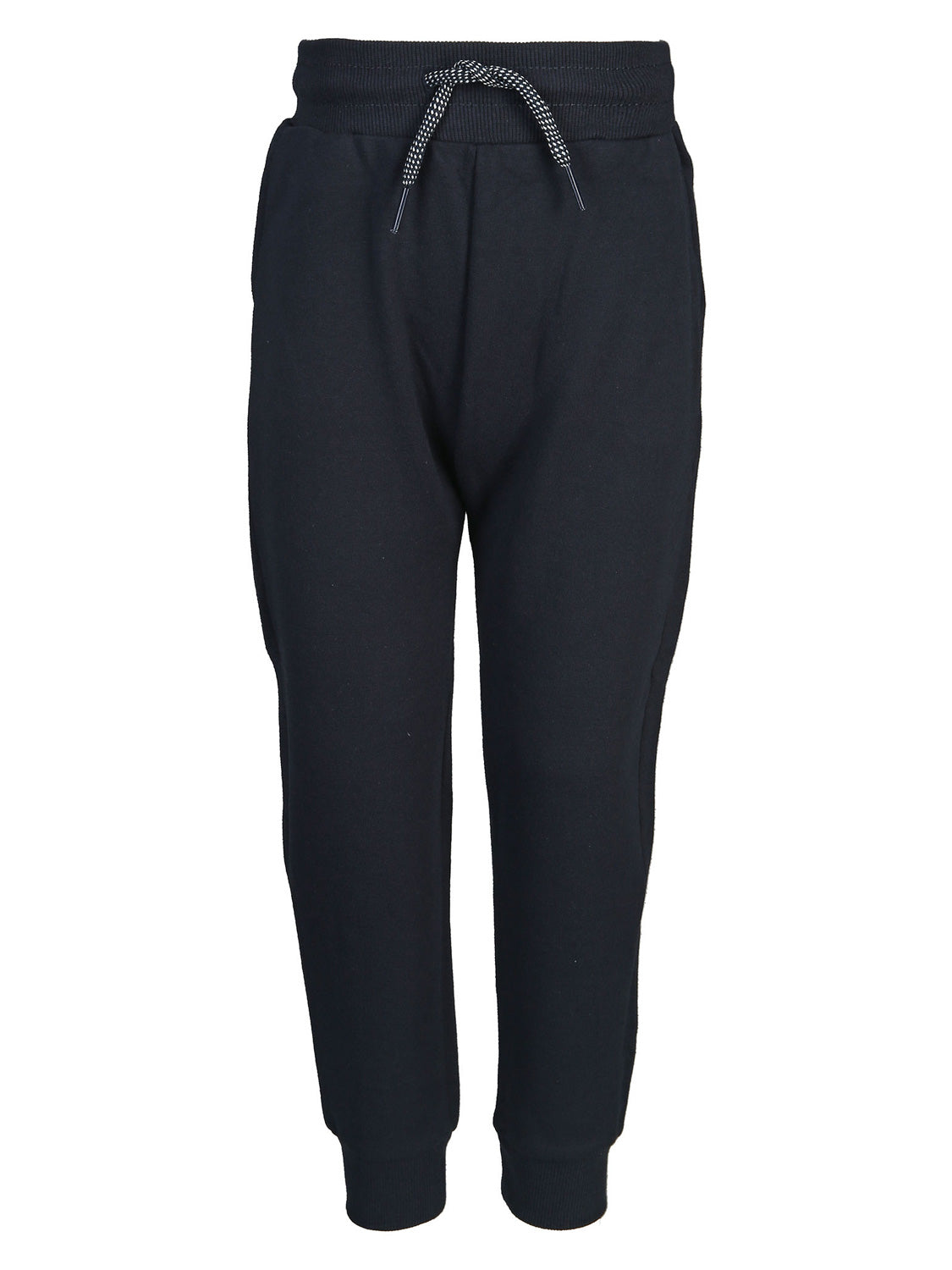 Plüschhose SPORTY BOY in dunkelmarineblau mit elastischem, geripptem Bund und Kordelzug, gerippten Bündchen an den Knöcheln; ideal für bequemen Kindermode-Stil.