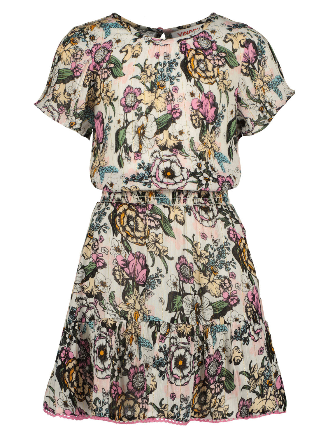 Kurzarm-Kleid PAULA AOP in Macrooon White: Knielanges Kleid mit Blumendruck, elastischer Taille und tiered Rock, ideal für stilvolle und bequeme Umstandsmode von bellybutton.