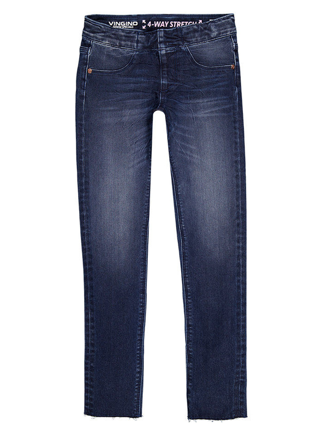 Jeans-Hose BIBINE CROPPED in bluevintage, schmal geschnittene dunkelblaue Jeans mit elastischem 4-WAY STRETCH-Bund und rohem Saum, ideal für modische Teenager.