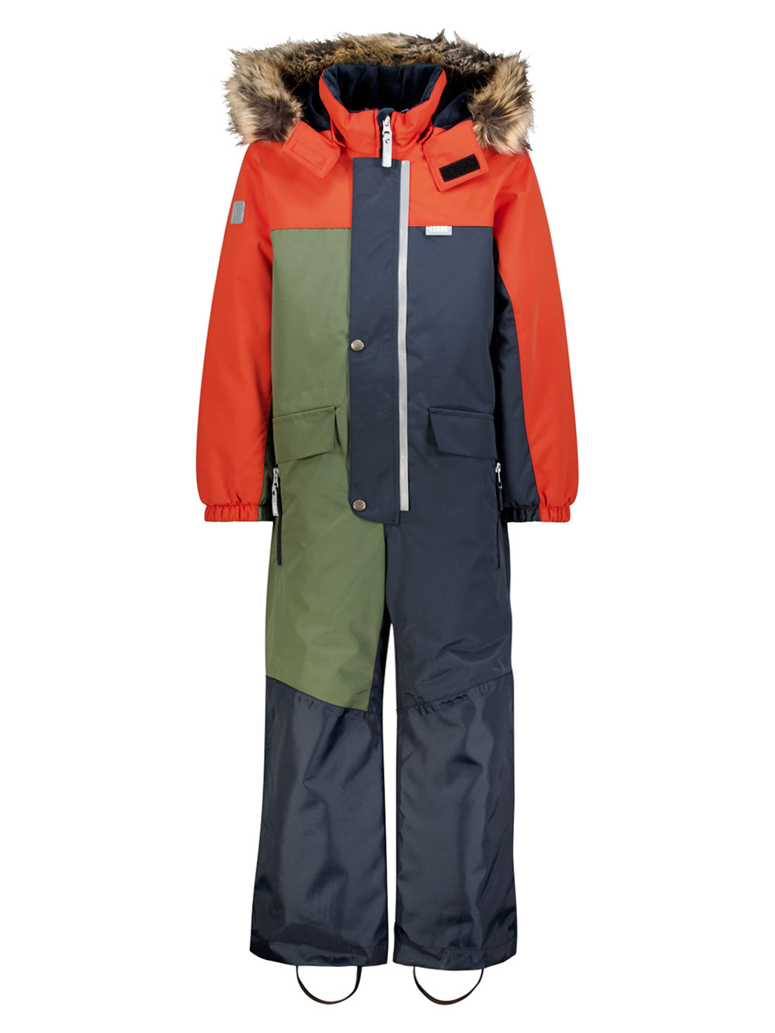 Overall Trio Anthrazit: Kinder-Skianzug mit Kunstfellkapuze, elastischen Bündchen, verdecktem Reißverschluss, Taschen und verstellbaren Steigbügeln. Perfekt für stilvolle Winterabenteuer bei bellybutton.