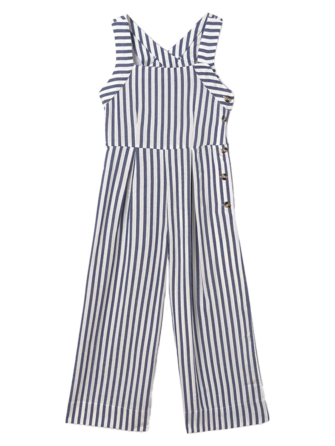 Ärmelloser Overall STREIFEN ärmellos in tinte tinte mit breiten Schulterträgern, die sich hinten kreuzen, und seitlichen Knöpfen, ideal für stilvolle Umstandsmode.