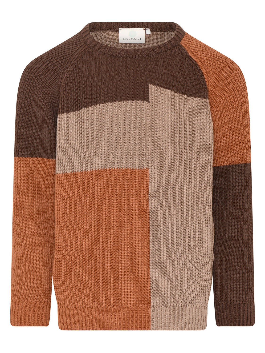 Pullover Braun: Langarm-Knitpullover mit geometrischem Colorblock-Muster in dezenten Farben, gerippter Struktur und EN*FANT-Label im Nacken. Perfekt für stilvolle Kindermode.