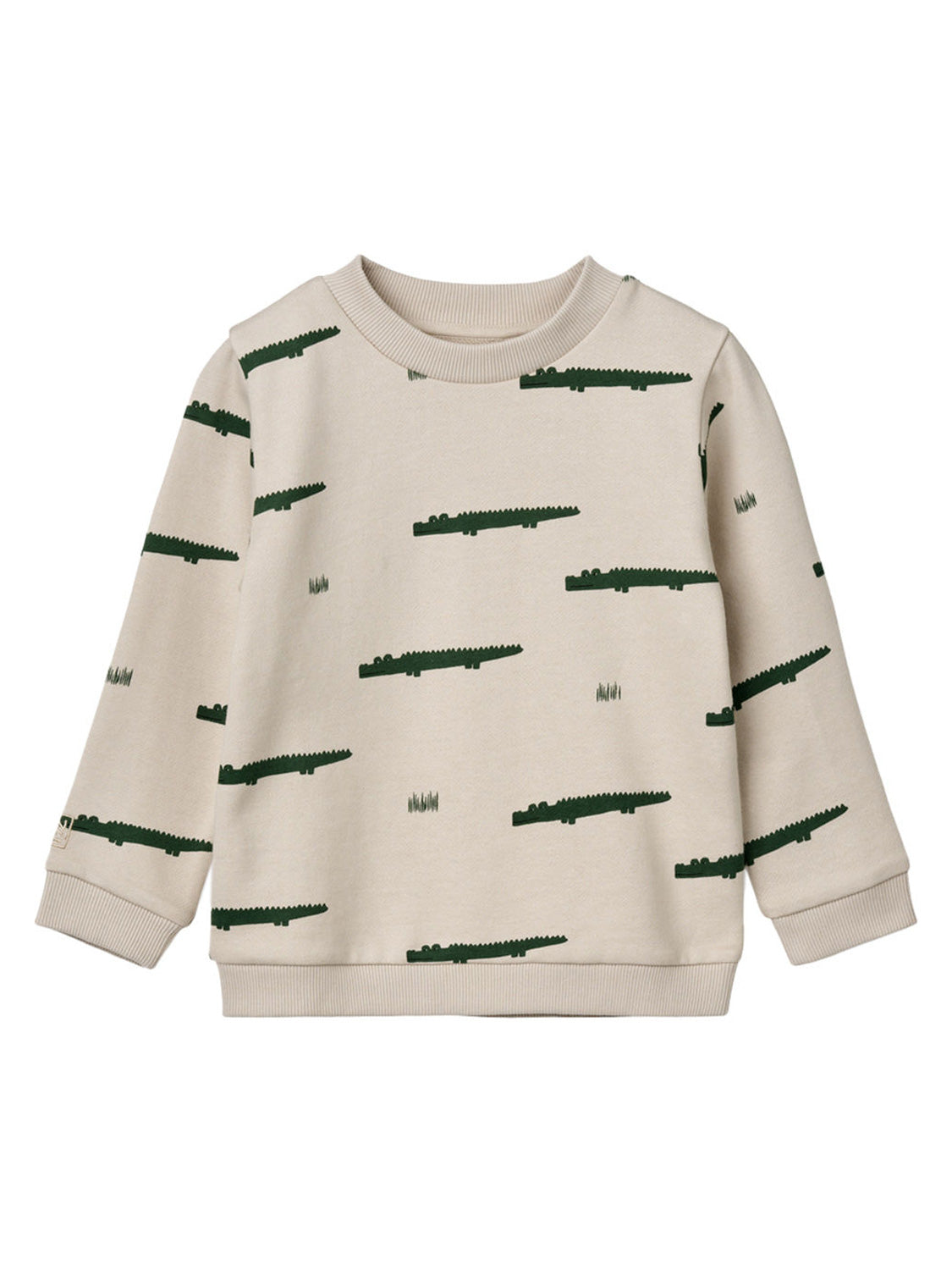 Sweatshirt Beige aus weichem Bio-Baumwollmix, verziert mit verspielten, dunkelgrünen Krokodilmustern. Perfekt für kleine Abenteurer im Alltag. Ideal für den bellybutton-Stil.