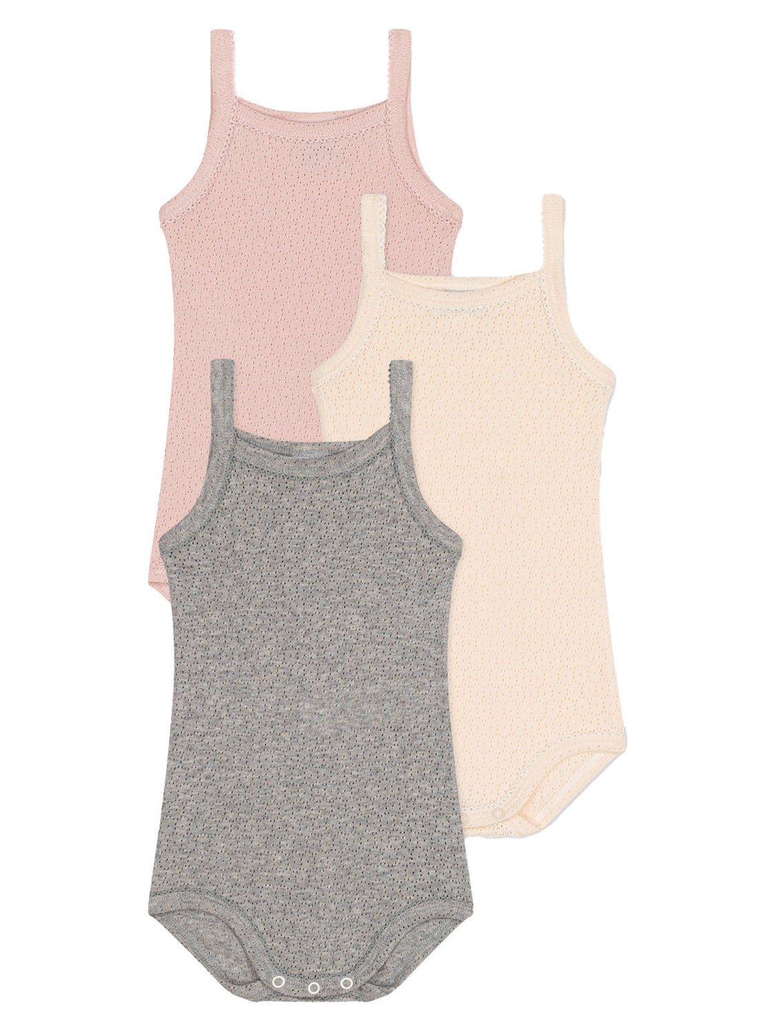 Träger-Body TROUTROU 3er Pack in bunt bunt zeigt drei ärmellose Bodysuits mit schmalen Trägern und Druckknopfverschluss, ideal für Babys. Perfekt für bequeme, stilvolle Babymode.
