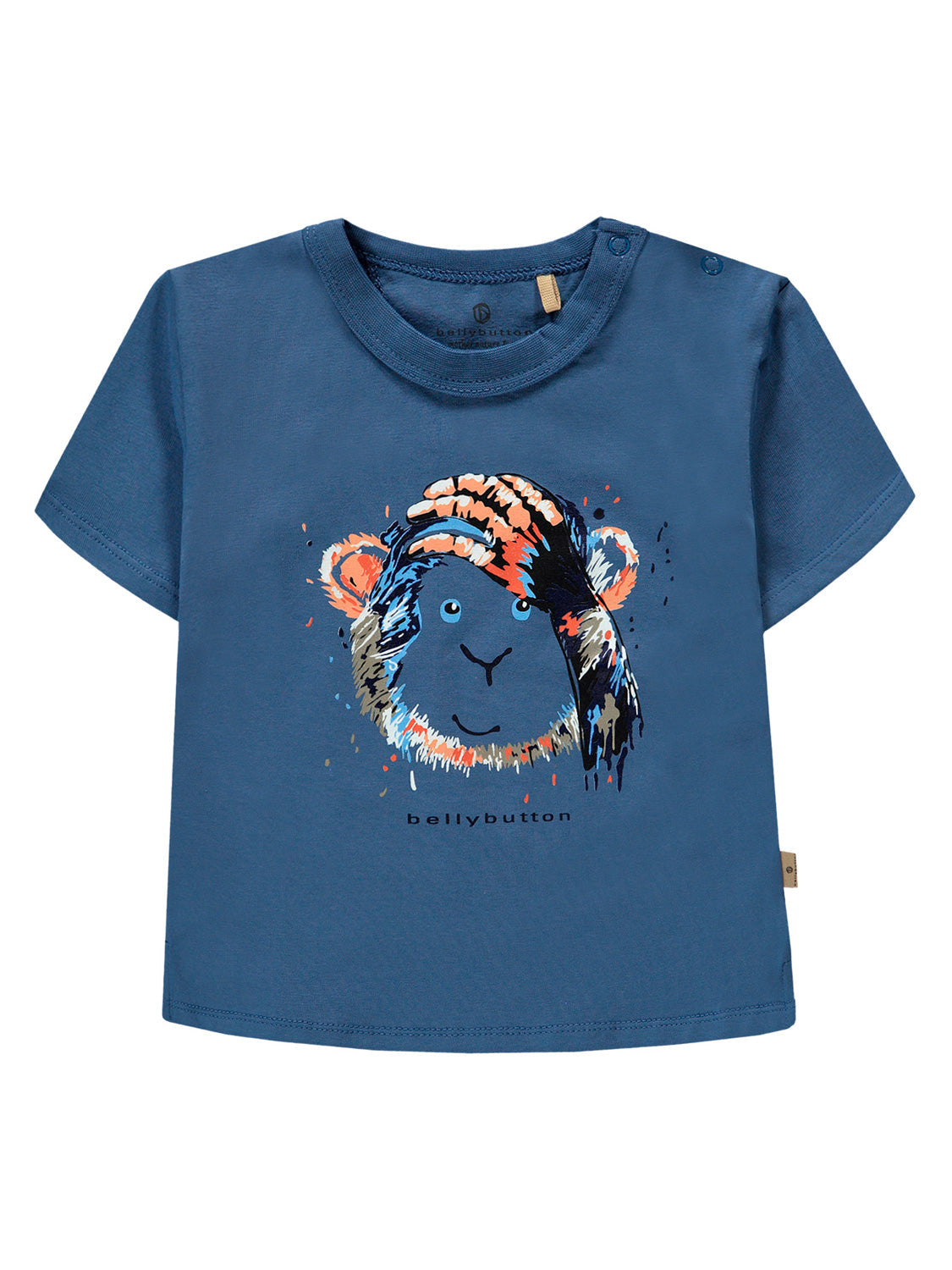 T-Shirt Blau mit stilisiertem Affengesicht und bellybutton-Schriftzug, Druckknöpfe an der Schulter, ideal für Kinder.