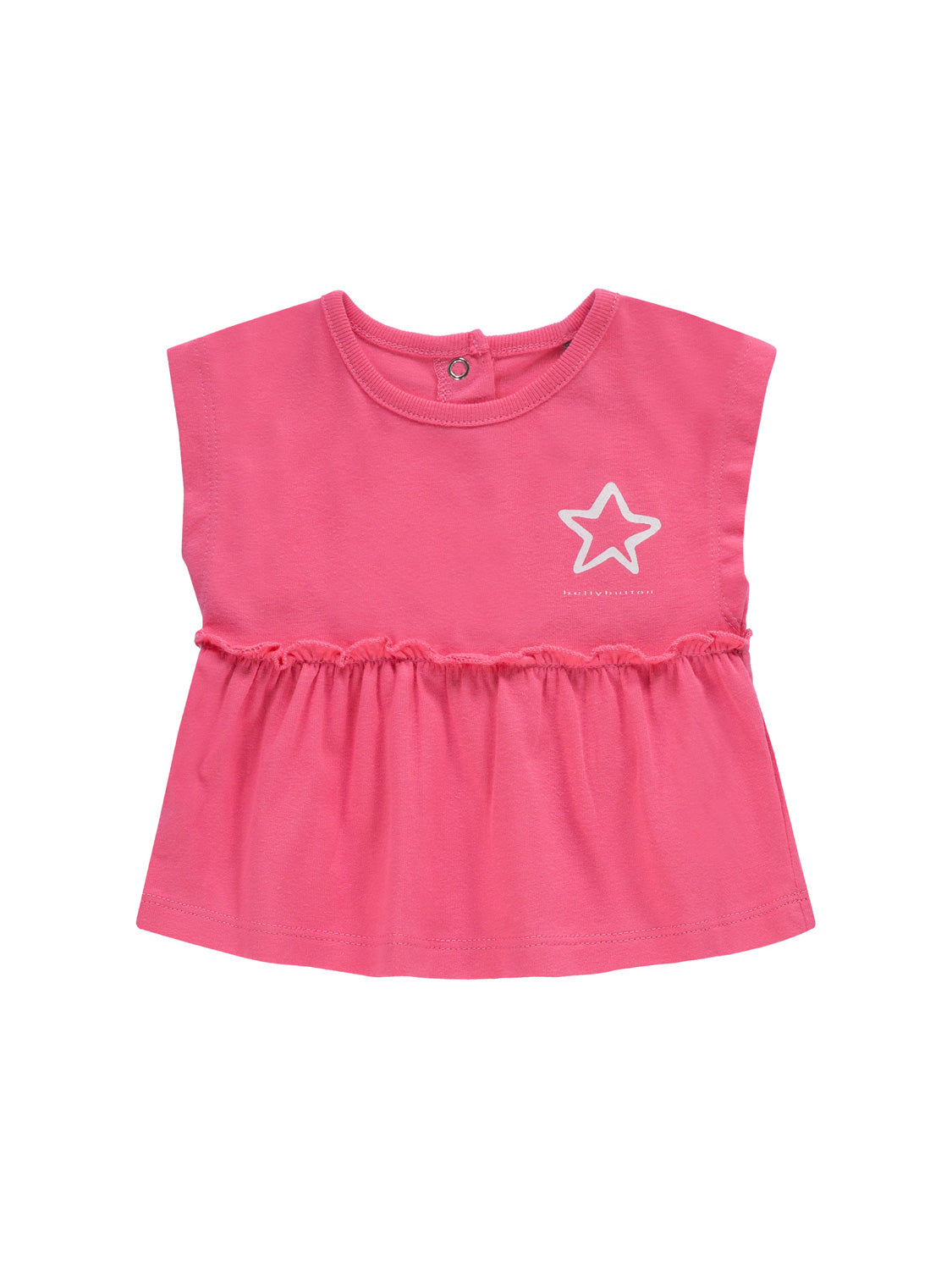 Top Pink: Kurzärmeliges Babyoberteil mit Peplum-Saum und weißem Sternumriss auf der Brust, rückseitiger Druckknopfverschluss. Ideal für stilvolle Babymode von bellybutton.