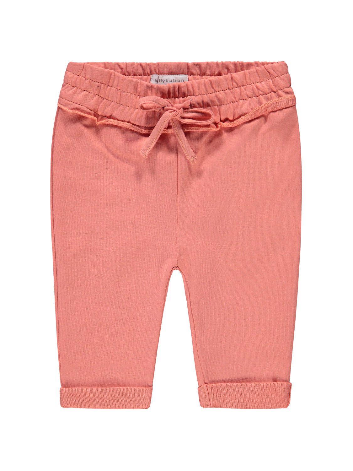 Jogginghose Koralle: Weiche, elastische Baby-Jogginghose mit umgeschlagenen Knöchelbündchen und Zierschleife am elastischen Bund, ideal für bequeme Bewegungsfreiheit.
