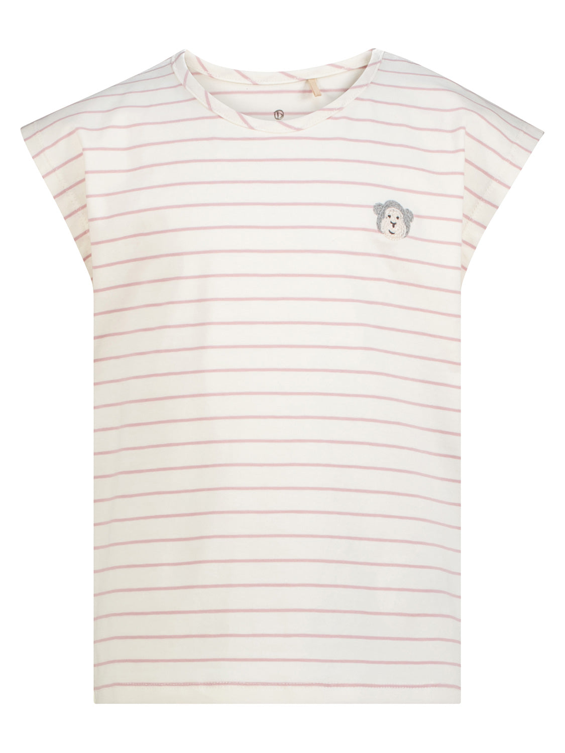 T-Shirt Cremeweiß: Damen-T-Shirt mit dünnen, blassrosa Streifen, rundem Ausschnitt, leicht überschnittenen Ärmeln und einem kleinen, gestickten Bärenmotiv auf der linken Brust.