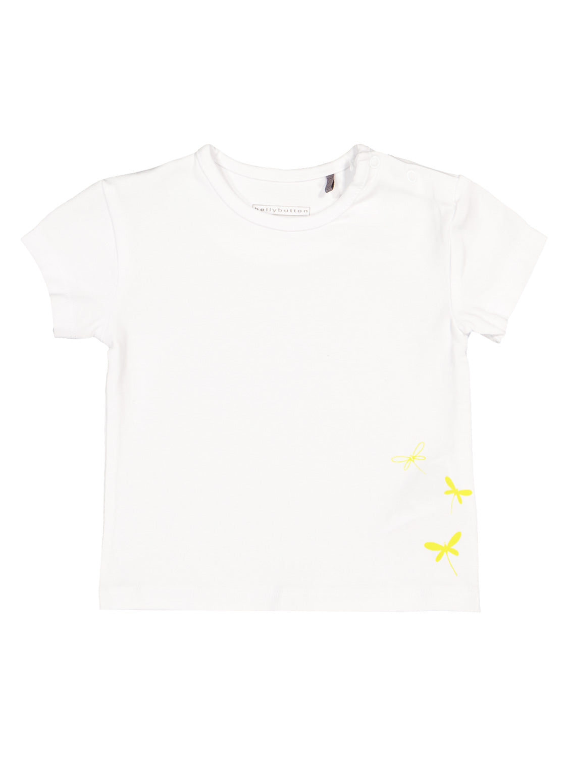 Weißes T-Shirt Summer Spirit mit kurzen Ärmeln, rundem Ausschnitt, gelben Libellenmotiven und Druckknöpfen an der Schulter, ideal für Kinder.