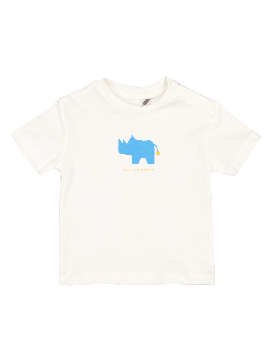 T-Shirt Weiß: Kurzarm-Shirt für Kinder mit stilisiertem blauen Nashorn und kleinem Stern am Schwanz. Darunter steht klein bellybutton. Ideal für Babymode-Enthusiasten.
