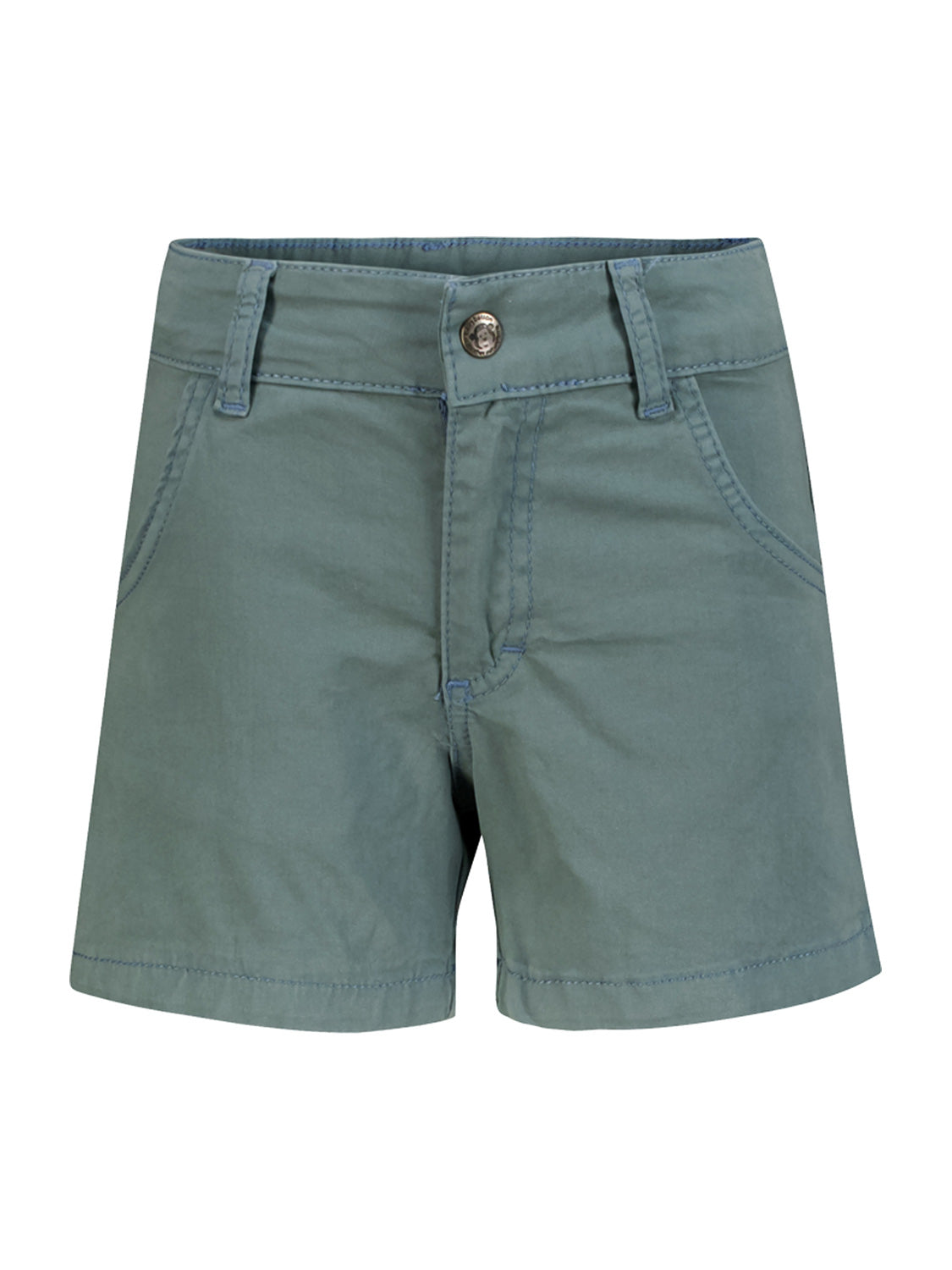 Shorts Grün: Schlichte, mittellange Baumwollshorts mit Gürtelschlaufen, Knopfverschluss und zwei Fronttaschen, ideal für bequeme und stilvolle Freizeitmomente.