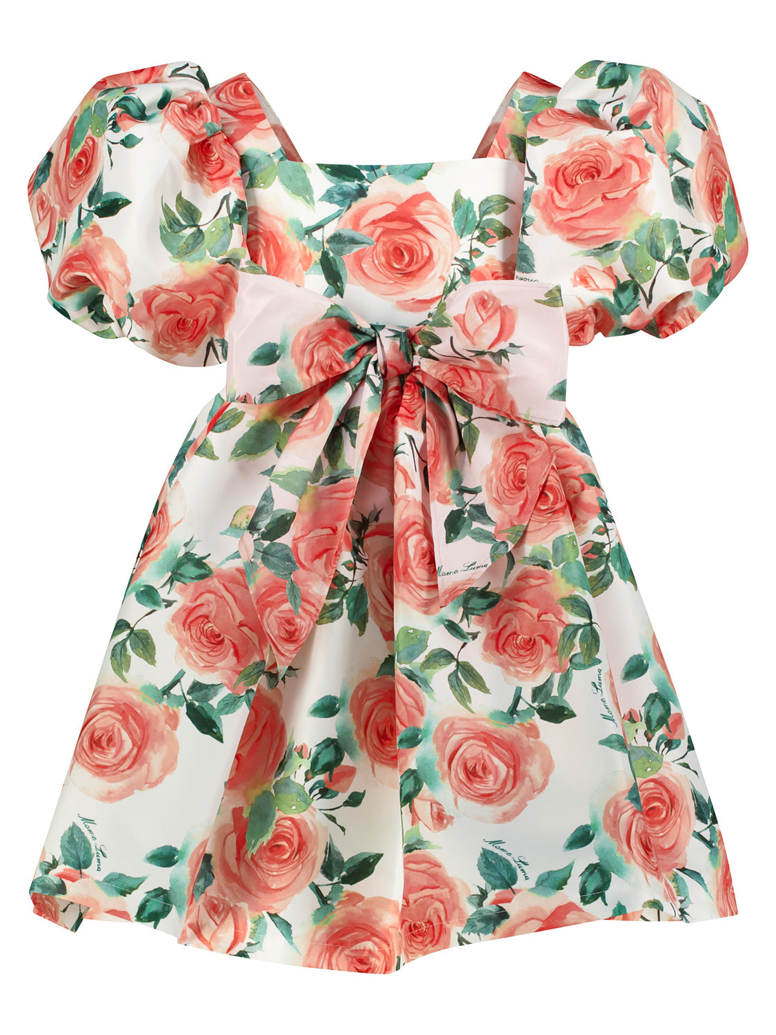 Kleid Koralle: Kurzärmeliges, glanzvolles Satinkleid mit Aquarell-Rosenmuster und großer Schleife, ideal für festliche Anlässe von Mama Luma.