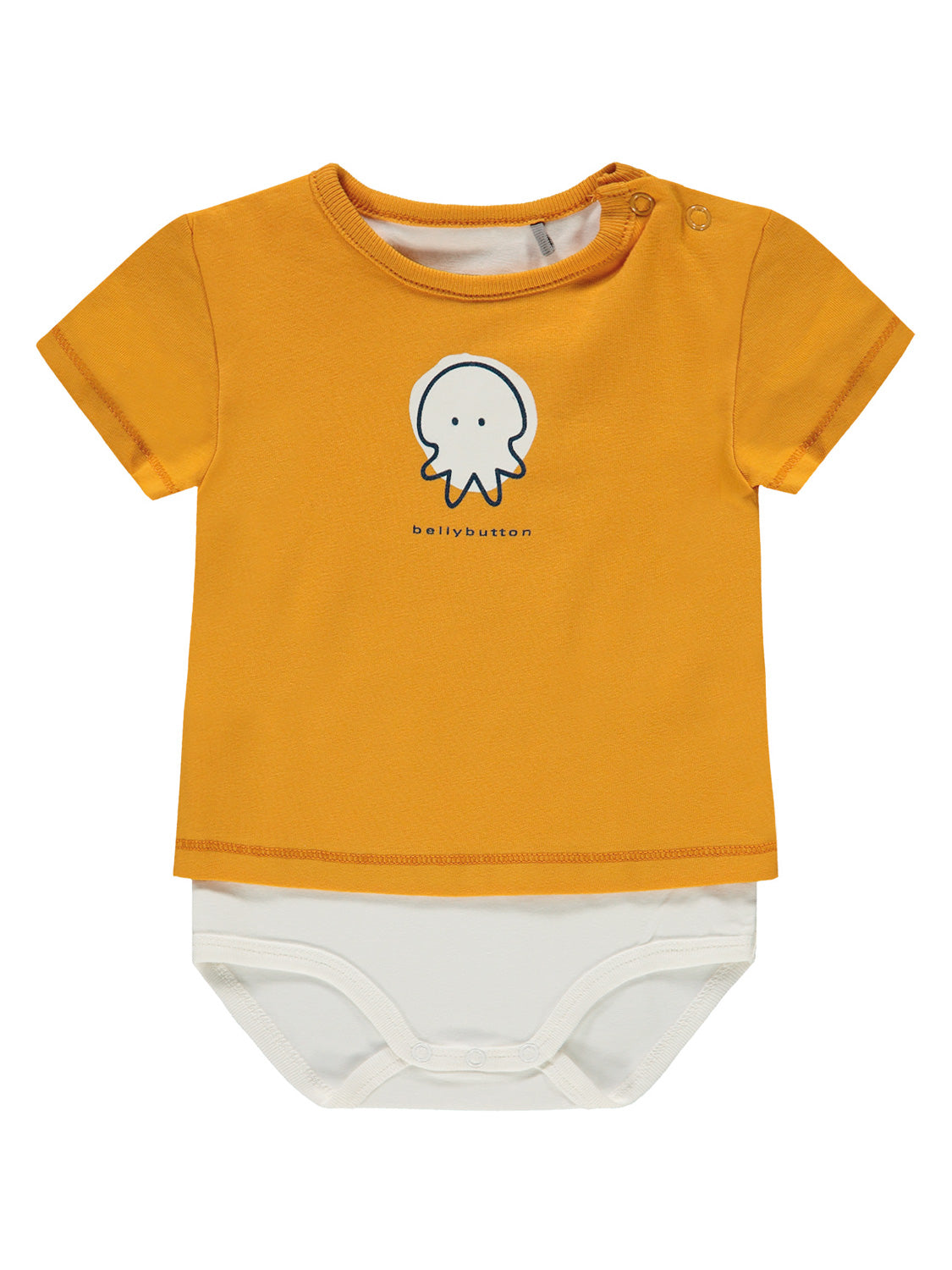 Baby-Body Body Underwater World Orange mit kurzem Ärmel, zweifarbigem Design und süßem Oktopus-Motiv. Praktische Druckknöpfe an Schulter und Schritt.