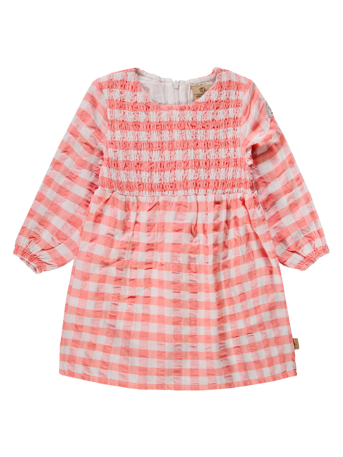 Kleid Koralle: Langärmliges Kinderkleid in pink-weißem Karo mit gesmoktem Oberteil, locker fallendem Rock und elastischen Ärmelbündchen, ideal für kleine Kinder bei bellybutton.