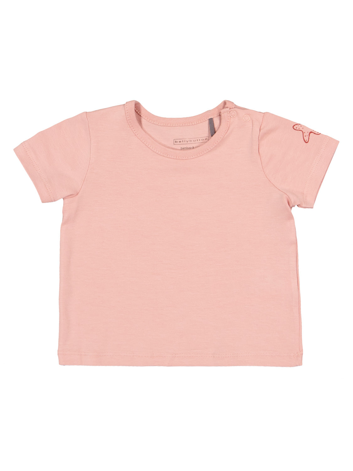 T-Shirt Lot of Shells Apricot: Kinder T-Shirt mit kurzen Ärmeln, weichem Jersey-Stoff, Stern-Grafik auf dem Ärmel, Druckknopf an der Schulter, Label bellybutton im Kragen.