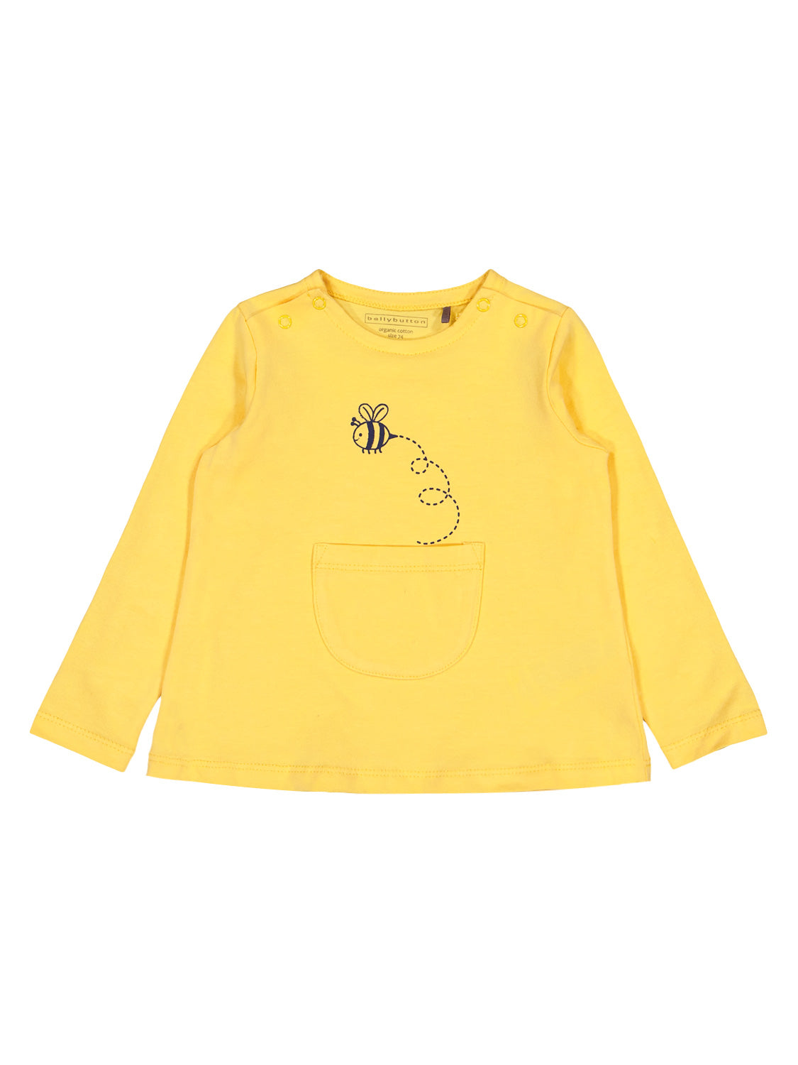 Langarmshirt Longsleeve Gelb in Kleinkindgröße mit Druckknöpfen an den Schultern, Fronttasche und Bienen-Motiv über der Tasche, ideal für einfaches An- und Ausziehen.