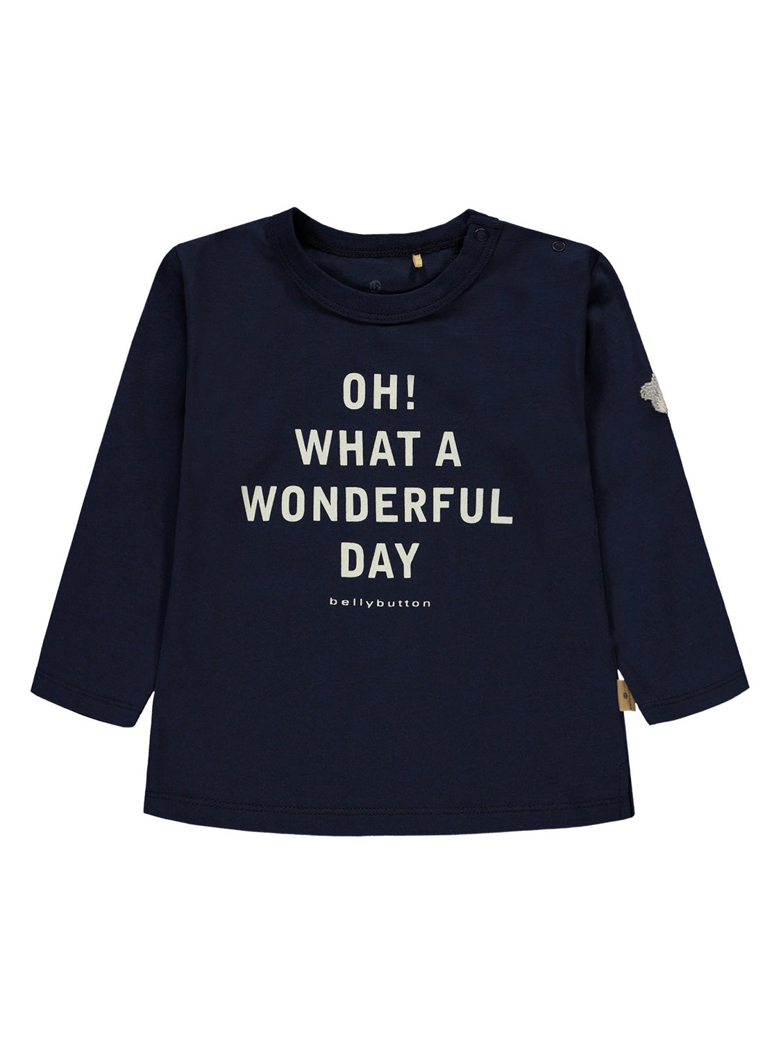 Langarmshirt Marineblau mit OH! WHAT A WONDERFUL DAY und kleinem bellybutton-Schriftzug, ideal für Kinder, passend zur vielfältigen Modeauswahl von bellybutton.