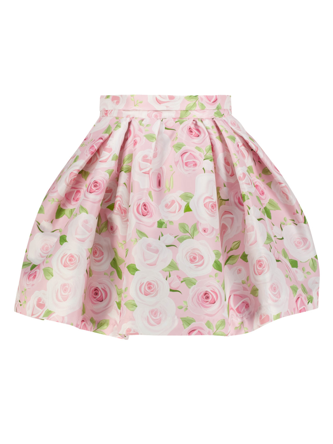 Rock Rosa von Mama Luma: Knieumspielender Satinrock mit zarten Rosen-Prints und weichen Bundfalten, verleiht eine voluminöse Silhouette. Perfekt für modische Mütter und Kinder.