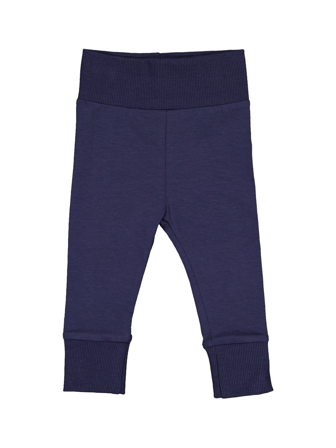Leggings Marineblau: Baby- oder Kleinkind-Leggings aus Strick mit breitem, geripptem, umschlagbarem Bund und passenden gerippten Bündchen an den Knöcheln.