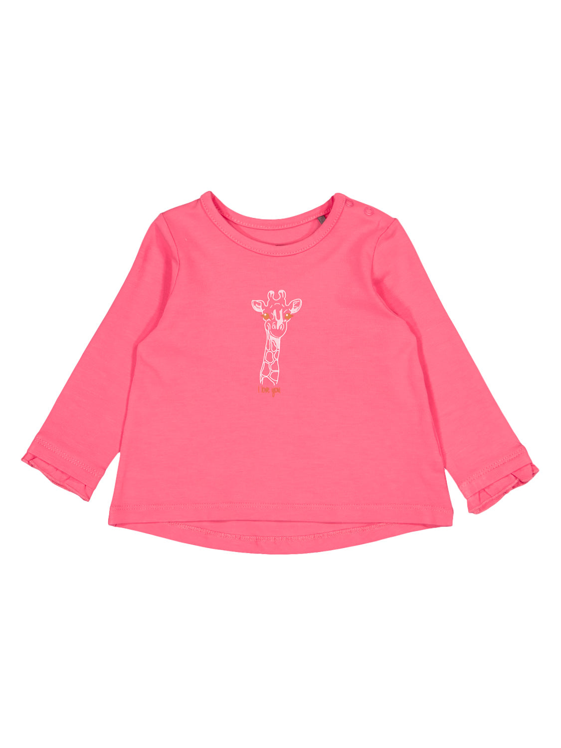 Langärmliges Kinderhemd Longsleeve Pink mit Giraffenmotiv und Schulterknöpfen für einfaches Anziehen, ideal für kleine Kinder.