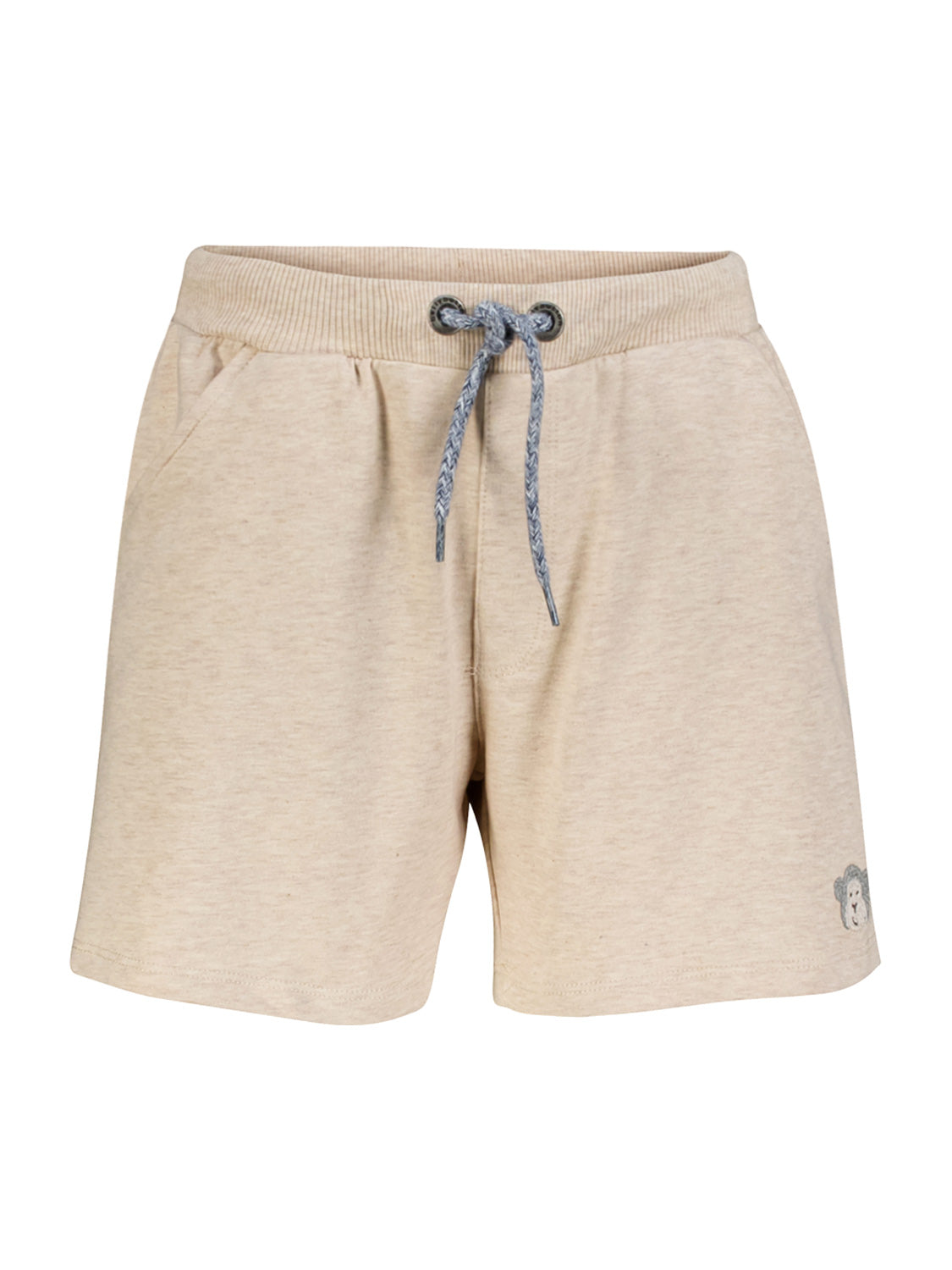 Sweatshorts Beige: Lässige, hellbeige Strickshorts mit elastischem Bund, kontrastierendem Kordelzug, Seitentaschen und kleinem eingesticktem Affenlogo am Saum. Ideal für bequeme Kindermode.