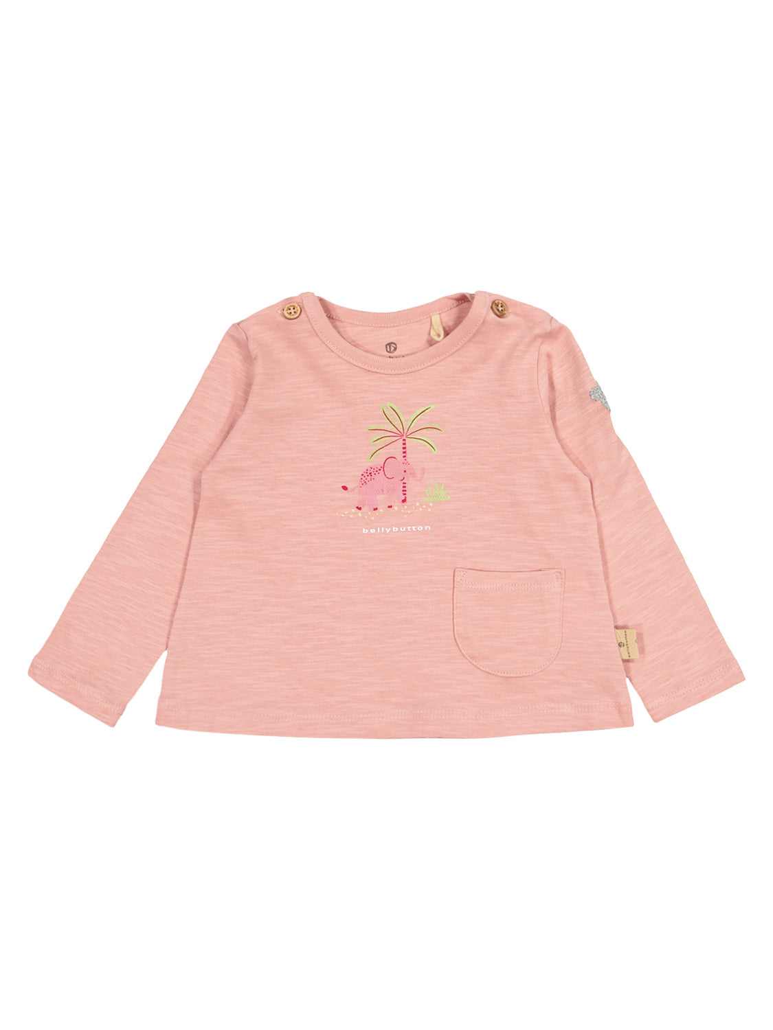 Langarmshirt Rosa mit seitlichen Knöpfen, Patch-Tasche und Elefant-Palmengrafik, perfekt für einfaches Anziehen. Ideal für stilvolle Babykleidung von bellybutton.
