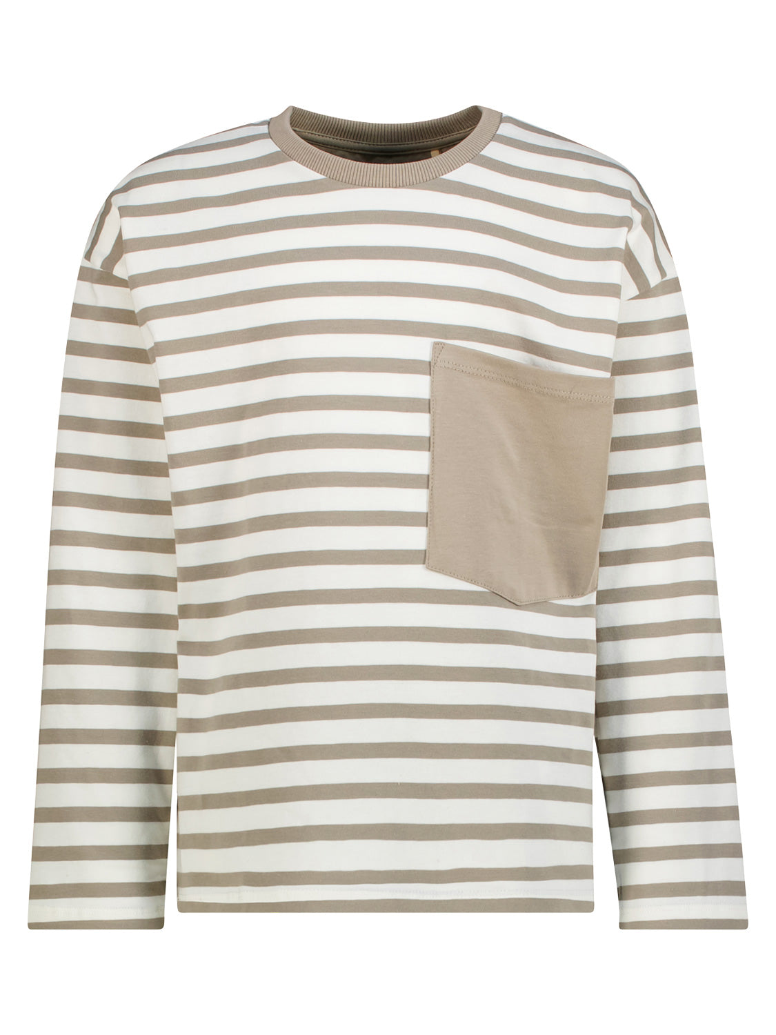 Langarmshirt Longsleeve Cremeweiß mit taupe und weißen Streifen und einer solid beige Brusttasche, ideal für stilvolle Umstandsmode und kindgerechte Mode von bellybutton.