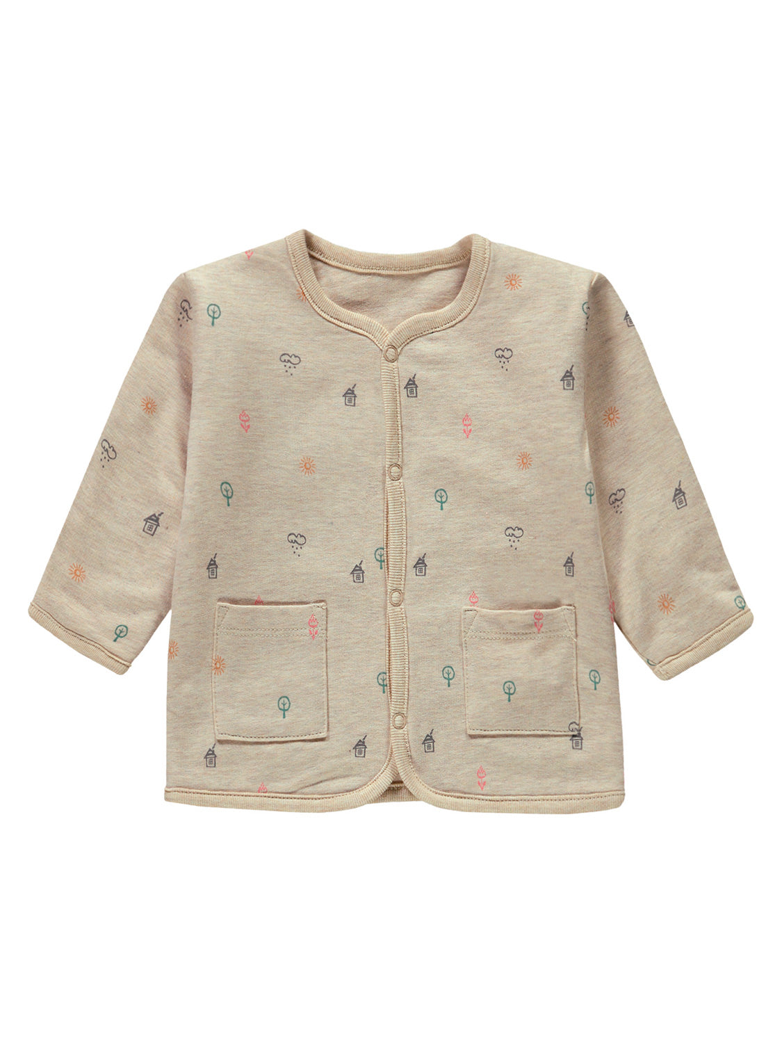 Sweatjacke Hello Sunshine Beige: Kinder-Cardigan mit Rundhalsausschnitt, Druckknöpfen, zwei Taschen und pastellfarbenem Print aus Häuschen, Bäumen, Sonnen, Wolken und Blumen.
