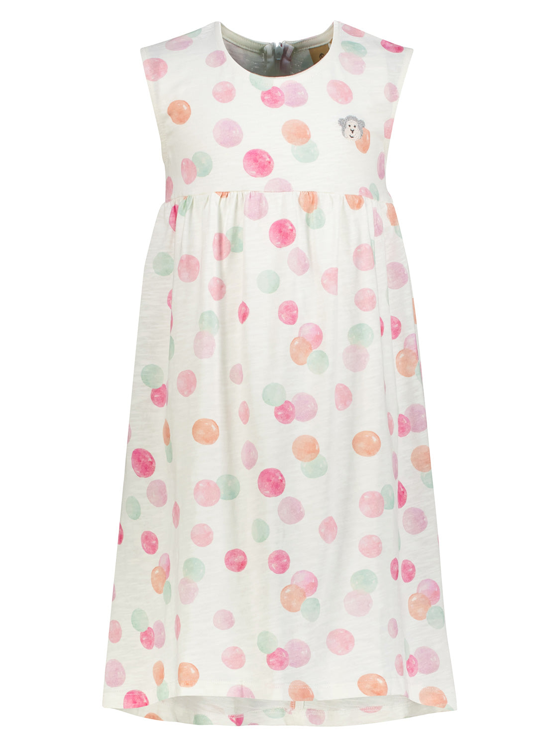 Kleid Cremeweiß: Ärmelloses, knielanges Kinderkleid mit großen pastellfarbenen Punkten und einem kleinen, gestickten Hundeaufnäher auf der Brust. Ideal für modische Kindermode von bellybutton.