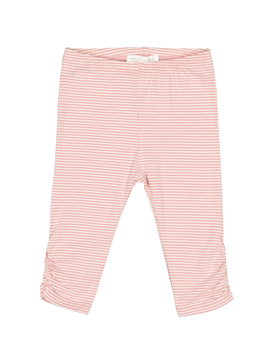 Leggings Apricot: Kinder-Leggings aus weichem Strickstoff mit schmalen rosa-weißen Streifen, elastischem Bund und gerafftem Detail an den unteren Beinen, ideal für Babys und Kleinkinder.