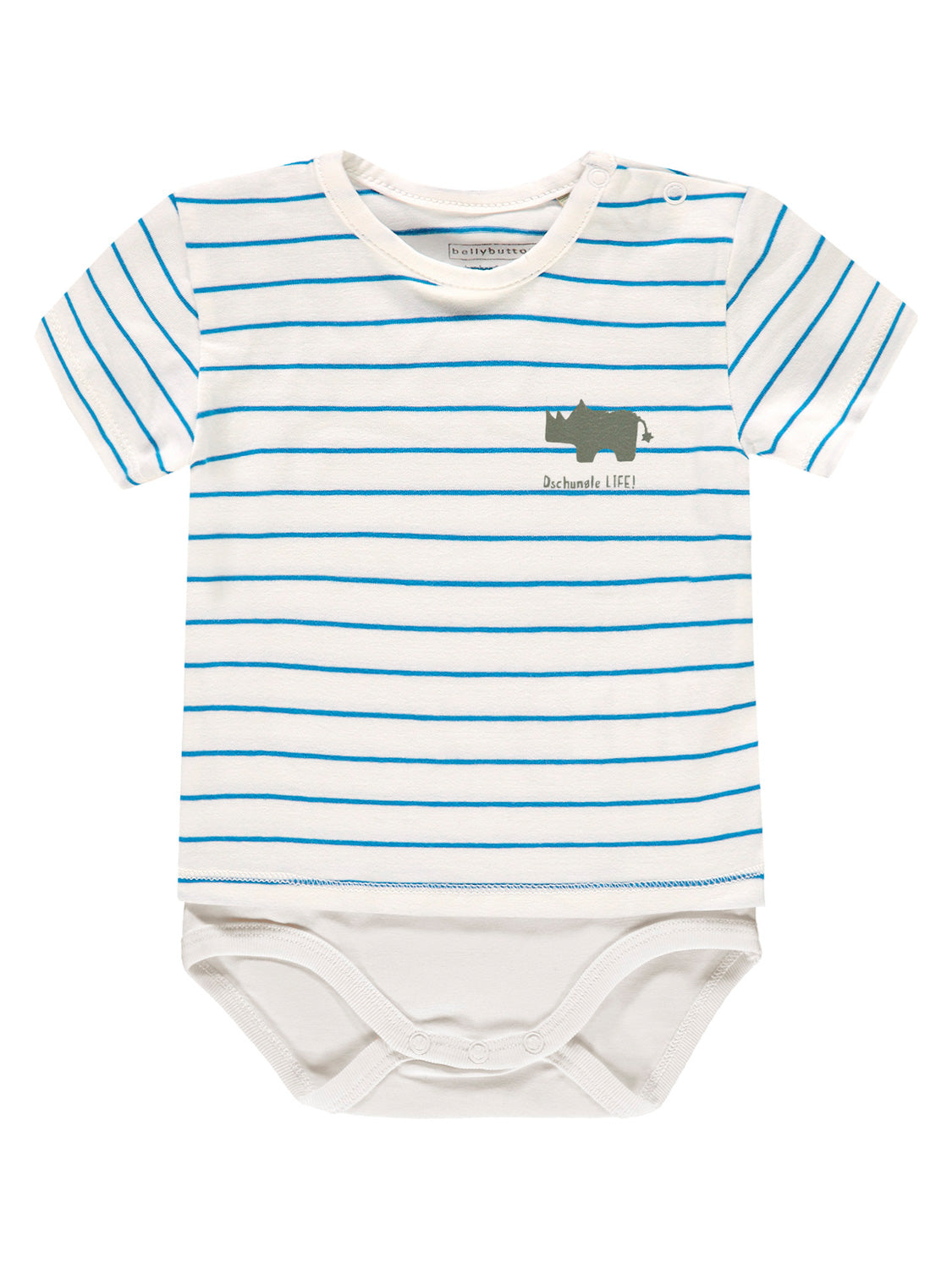 Strampler Weiß mit blauen Streifen und Rhinozeros-Grafik, „Dschungel LIFE!“-Schriftzug. Praktische Druckknöpfe unten für einfaches Anziehen. Ideal für stilvolle Babymode von bellybutton.