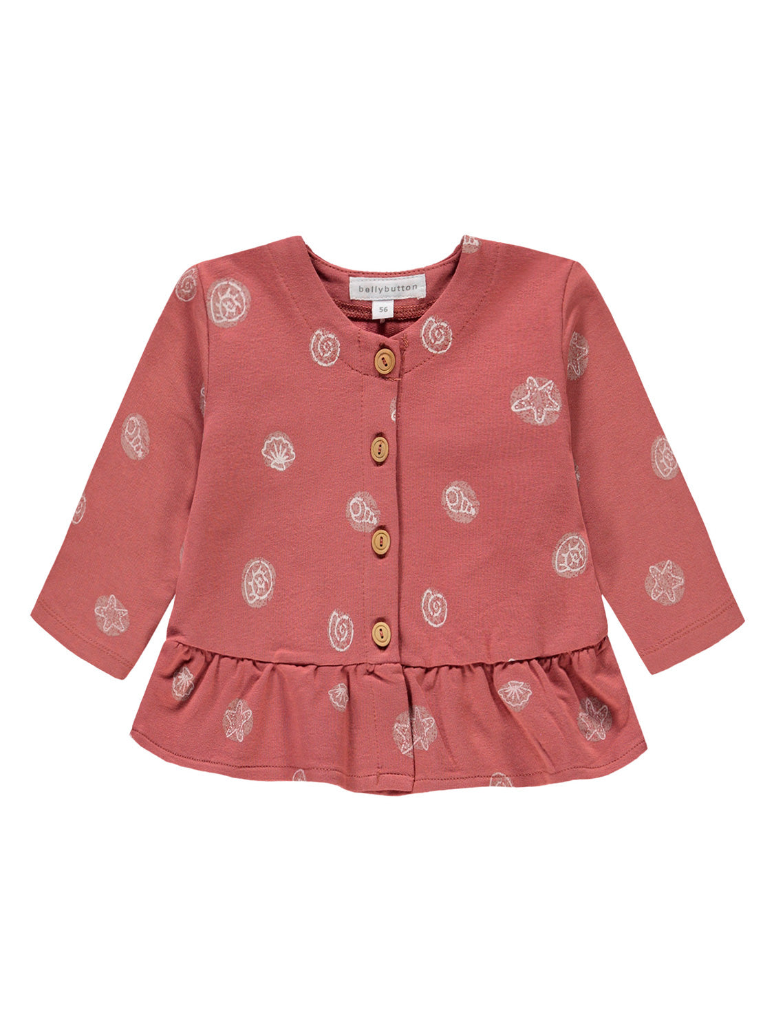 Sweatjacke Koralle für Babys, Größe 56, mit Holzknöpfen und Peplum-Saum. Mit weißen Muschel- und Seestern-Motiven bedruckt. Marke: bellybutton.