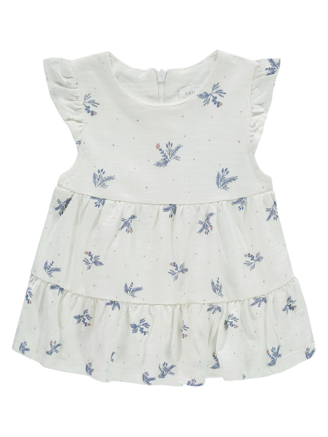 Kleid Flower Garden Cremeweiß: Ein mädchenhaftes, cremefarbenes Baumwollkleid mit Stufenrock, Flatterärmeln und zarten blau-rosa Blumenmustern, ideal für besondere Anlässe.