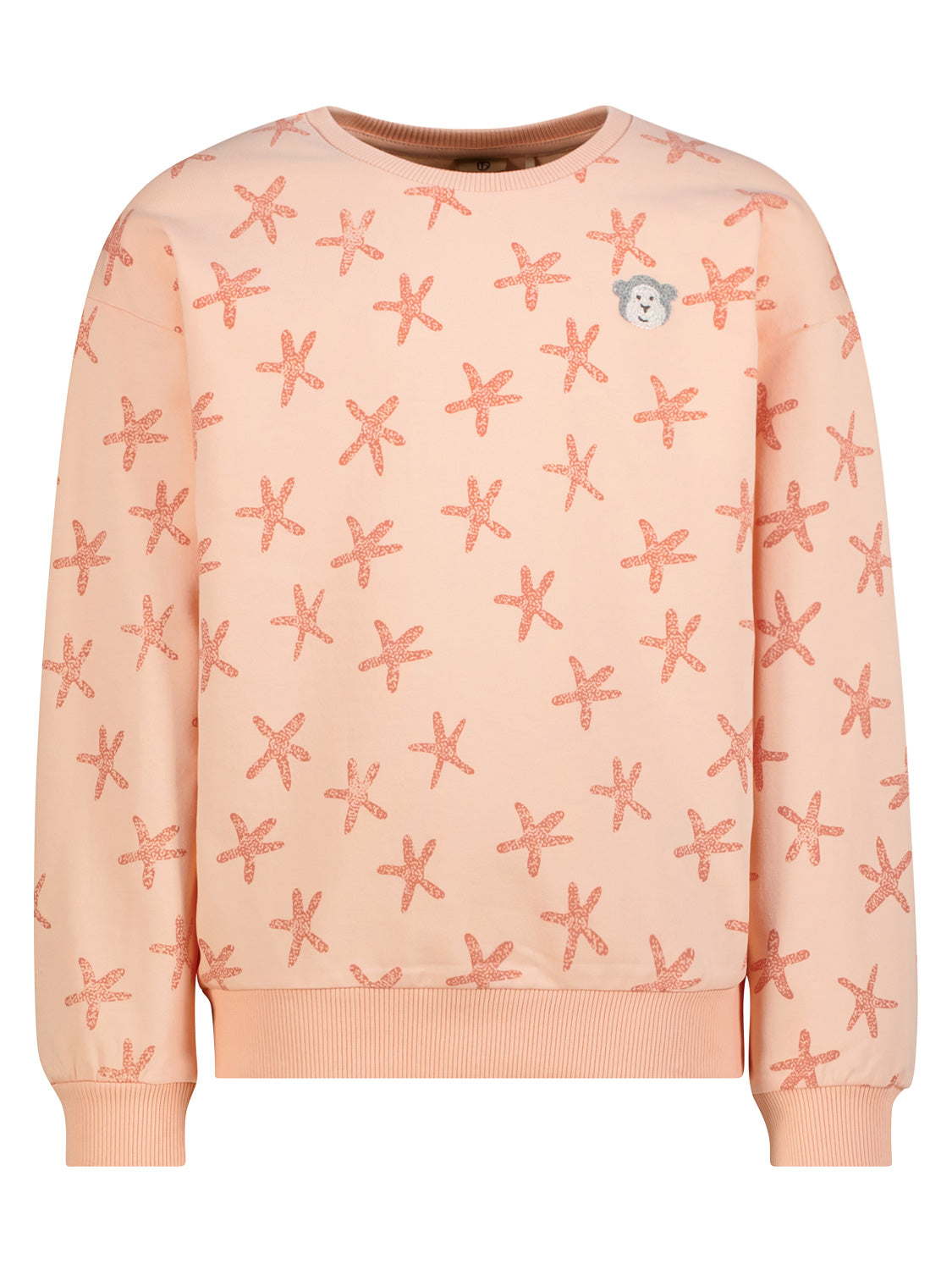 Sweatshirt Apricot mit orangefarbenem Seesternmuster und gesticktem Bärenmotiv auf Brust. Rippenbündchen an Saum und Ärmeln, präsentiert auf weißem Hintergrund.